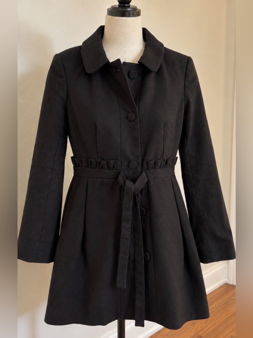 J.Crew Black Ruffle Waist Belted Trench Coat Size 4